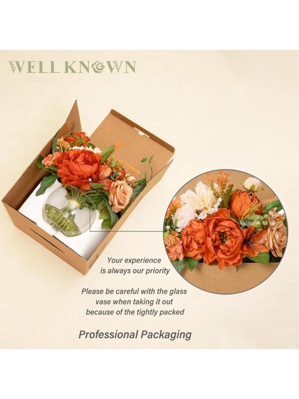 Stunning Burnt Orange & Champagne Artificial Flowers in Elegant Vase - Home